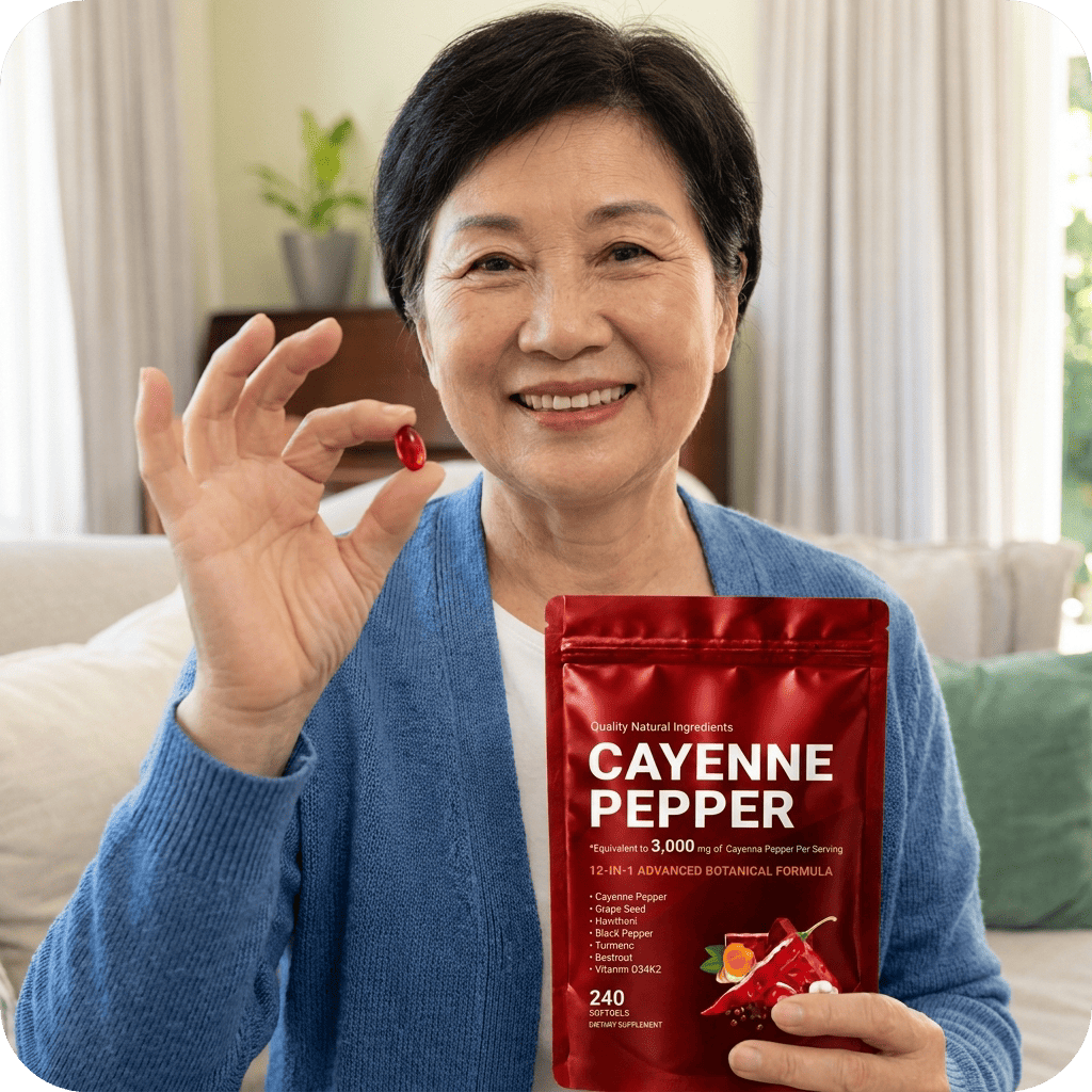 Woman holding a red cayenne pepper package in a home setting