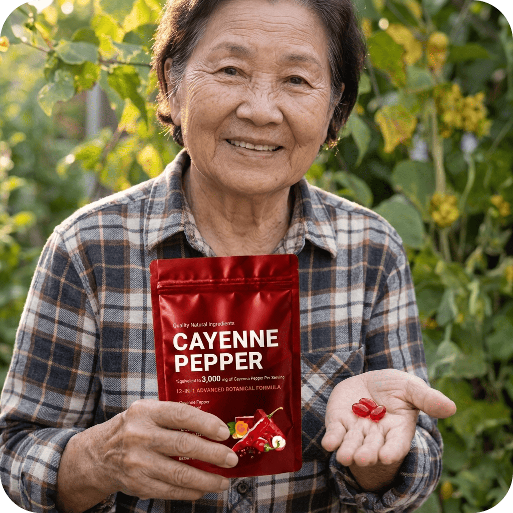 Woman holding a red cayenne pepper supplement package in an outdoor setting