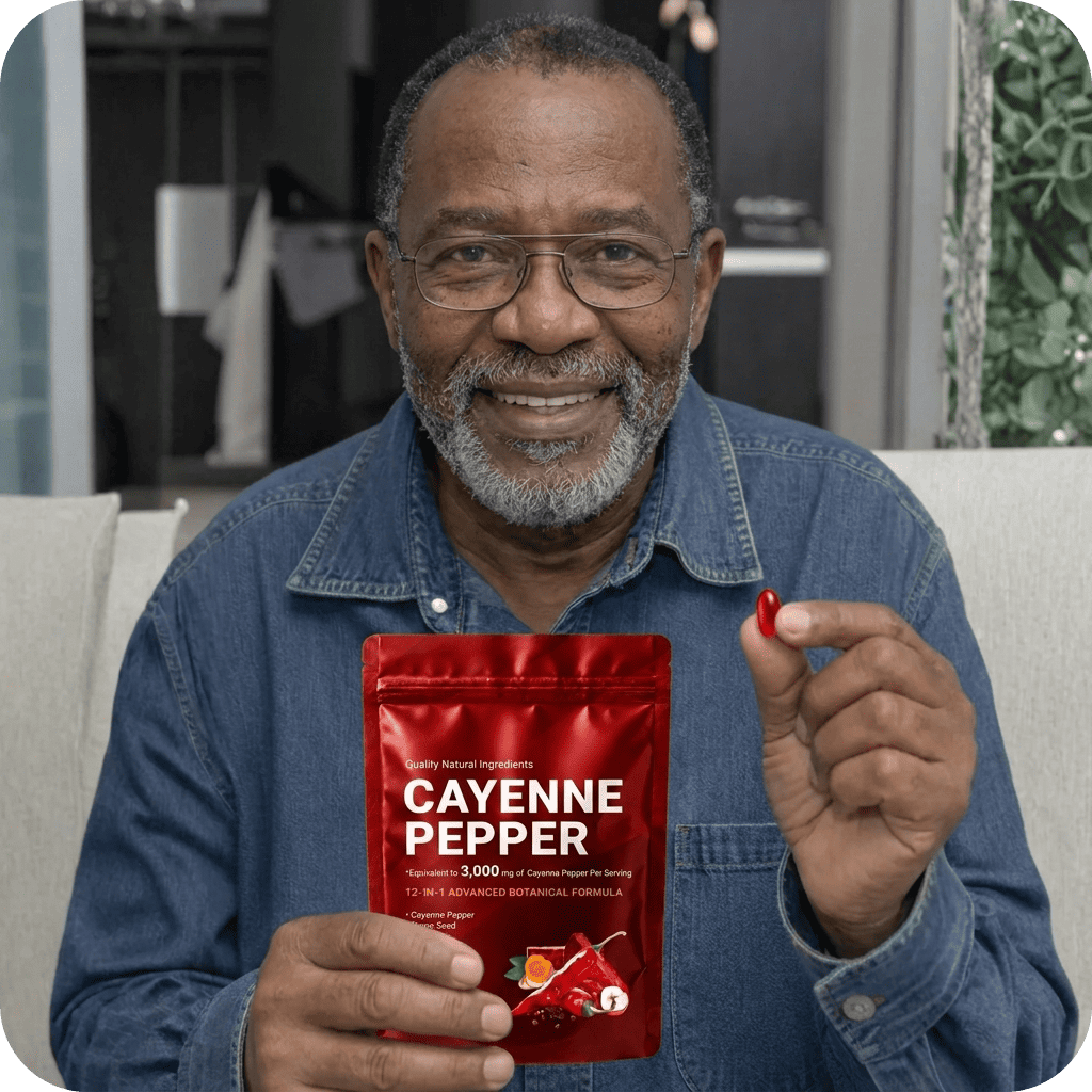 Man holding a red Cayenne Pepper supplement package