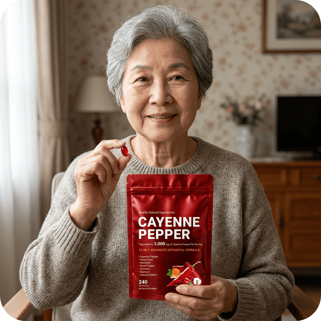 Woman holding a red cayenne pepper supplement package in a home setting