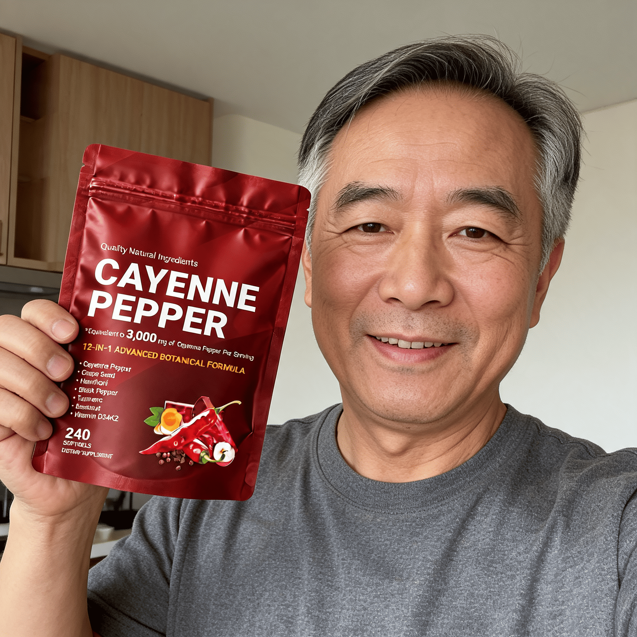 Man holding a red cayenne pepper supplement package in a kitchen setting