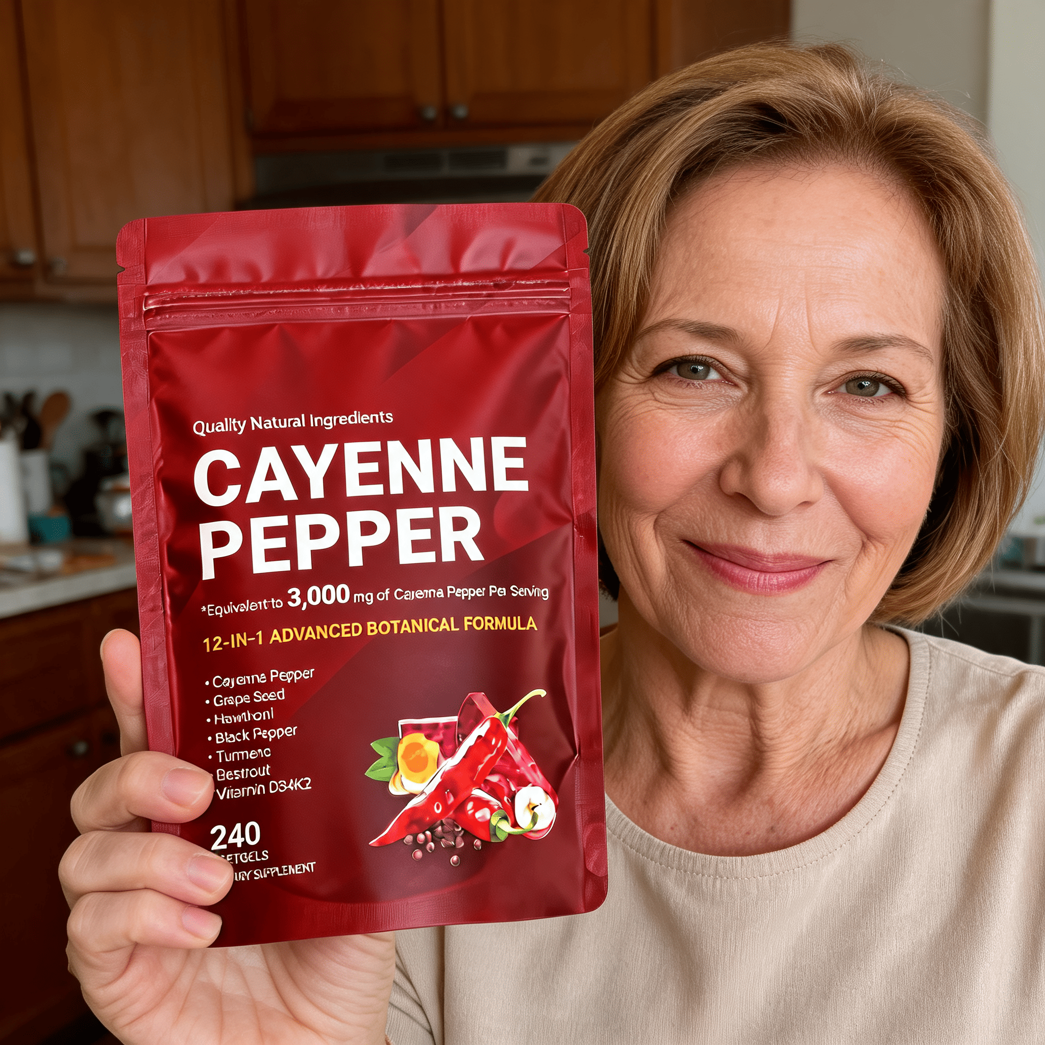 Woman holding a red package of cayenne pepper supplement in a kitchen.