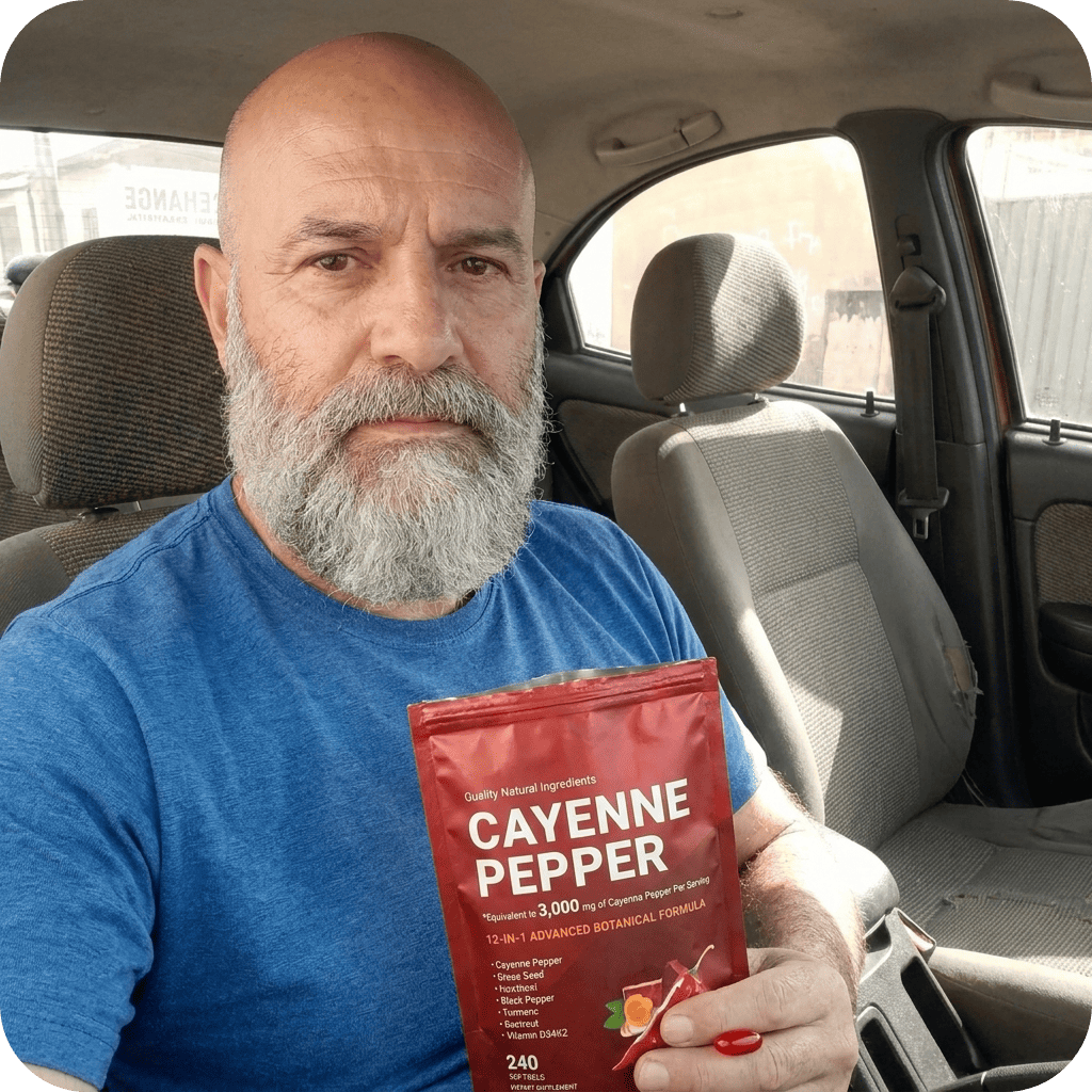 Man sitting in a car holding a red package of cayenne pepper.