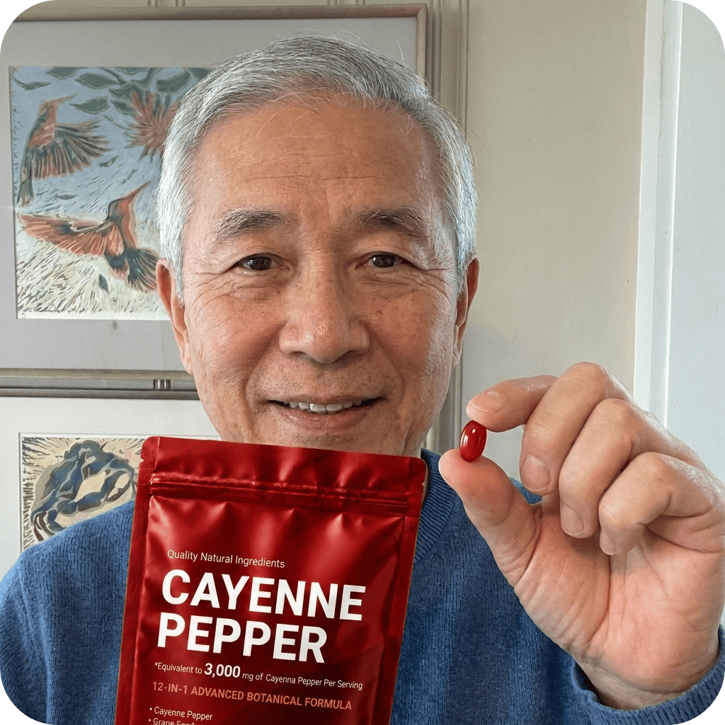 Man holding a red cayenne pepper package and a red capsule in front of a painting.