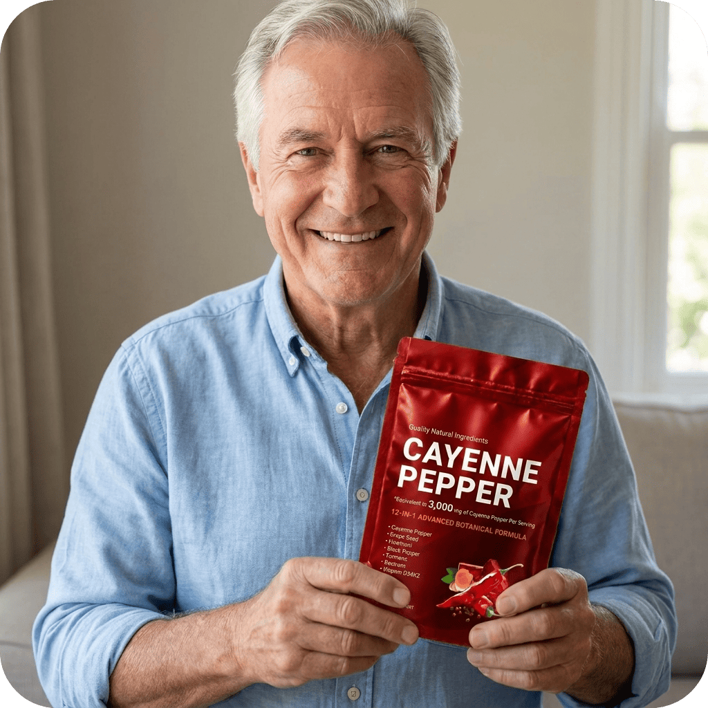 Man holding a red package of Cayenne Pepper supplement