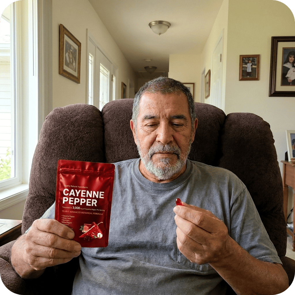 Man sitting in a chair holding a packet of cayenne pepper and a red pepper in a home setting.
