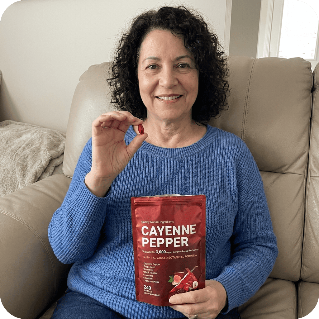 Woman holding a bag of cayenne pepper and a small red pepper on a beige couch.