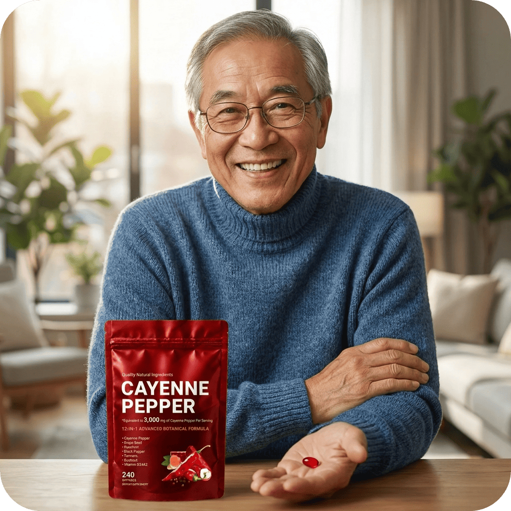 Man holding a red package of Cayenne Pepper supplement in a living room setting