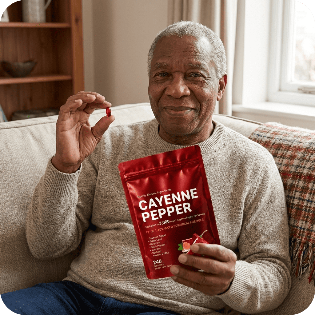Man holding a red package of cayenne pepper supplement in a living room.