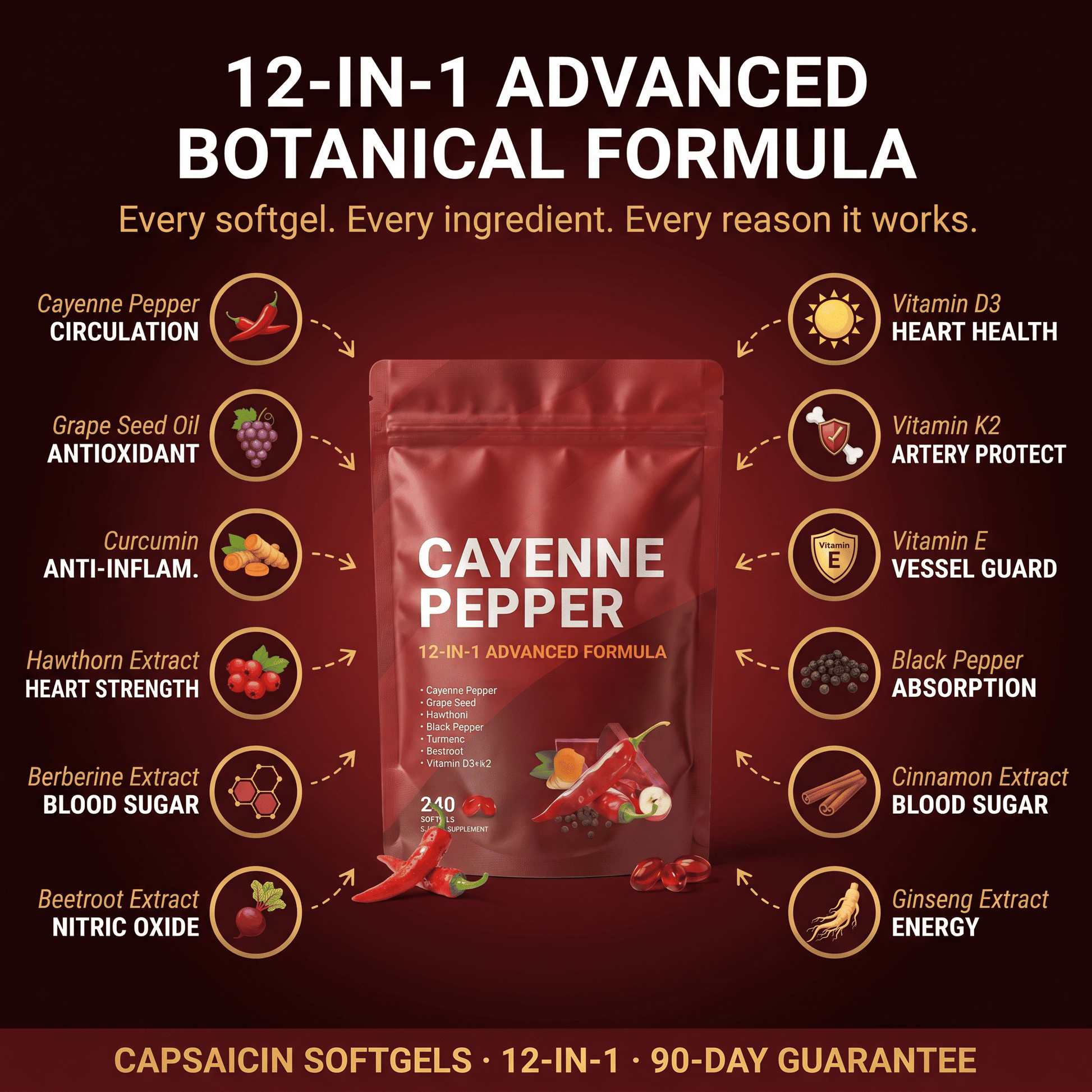 Cayenne pepper supplement package with botanical benefits on a dark background