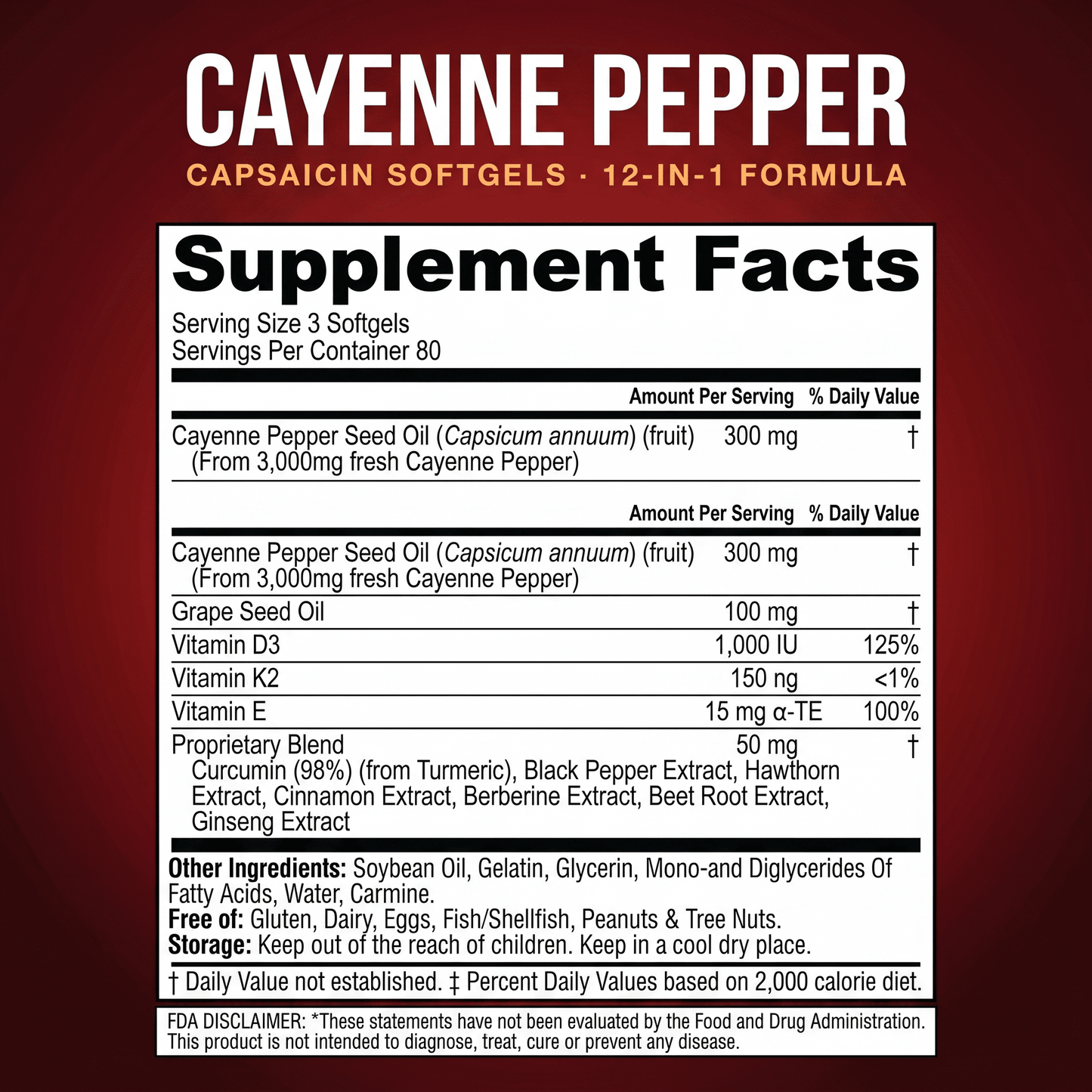 Supplement facts label for Cayenne Pepper Capsaicin Softgels on a red background