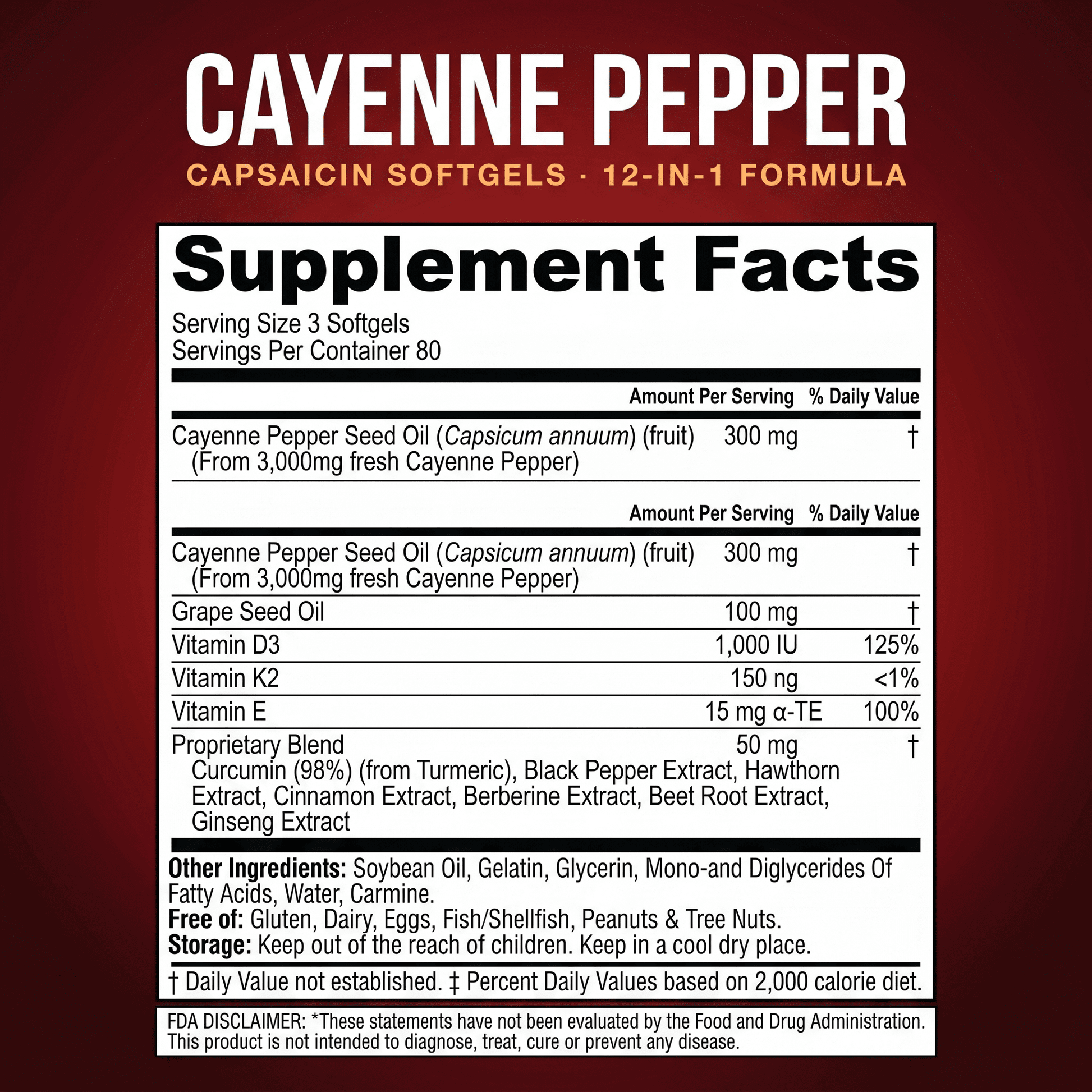 Supplement facts label for Cayenne Pepper Capsaicin Softgels on a red background