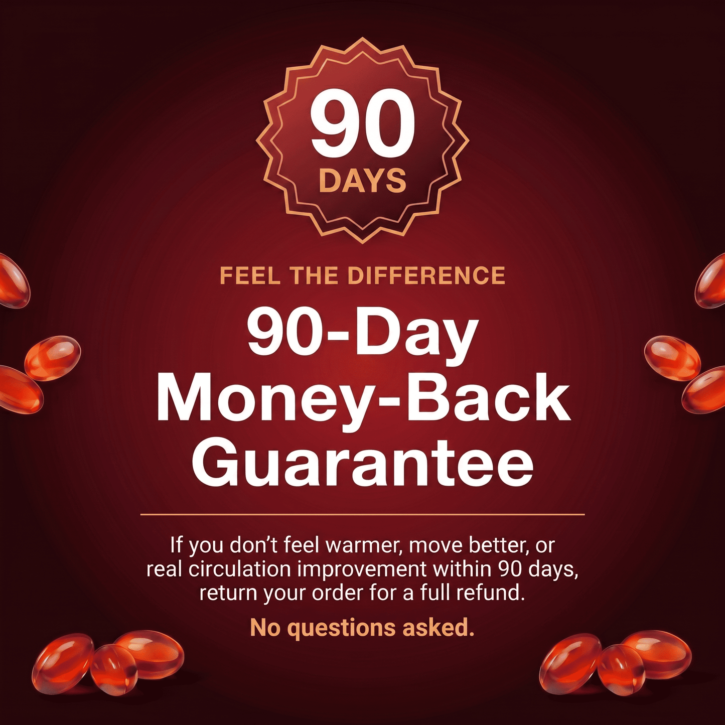 Promotional graphic with 90-day money-back guarantee on a dark red background with red capsules.