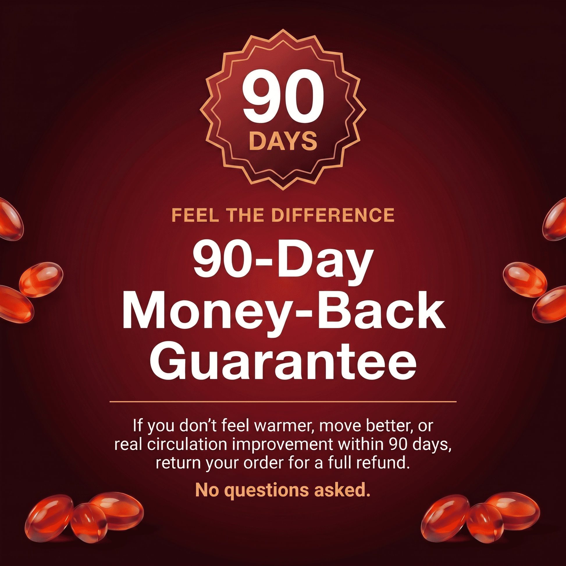 Promotional graphic with 90-day money-back guarantee on a dark red background with red capsules.