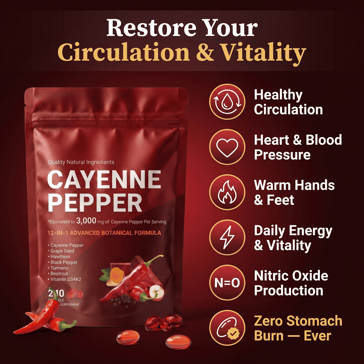Cayenne pepper supplement package with health benefits on a dark background
