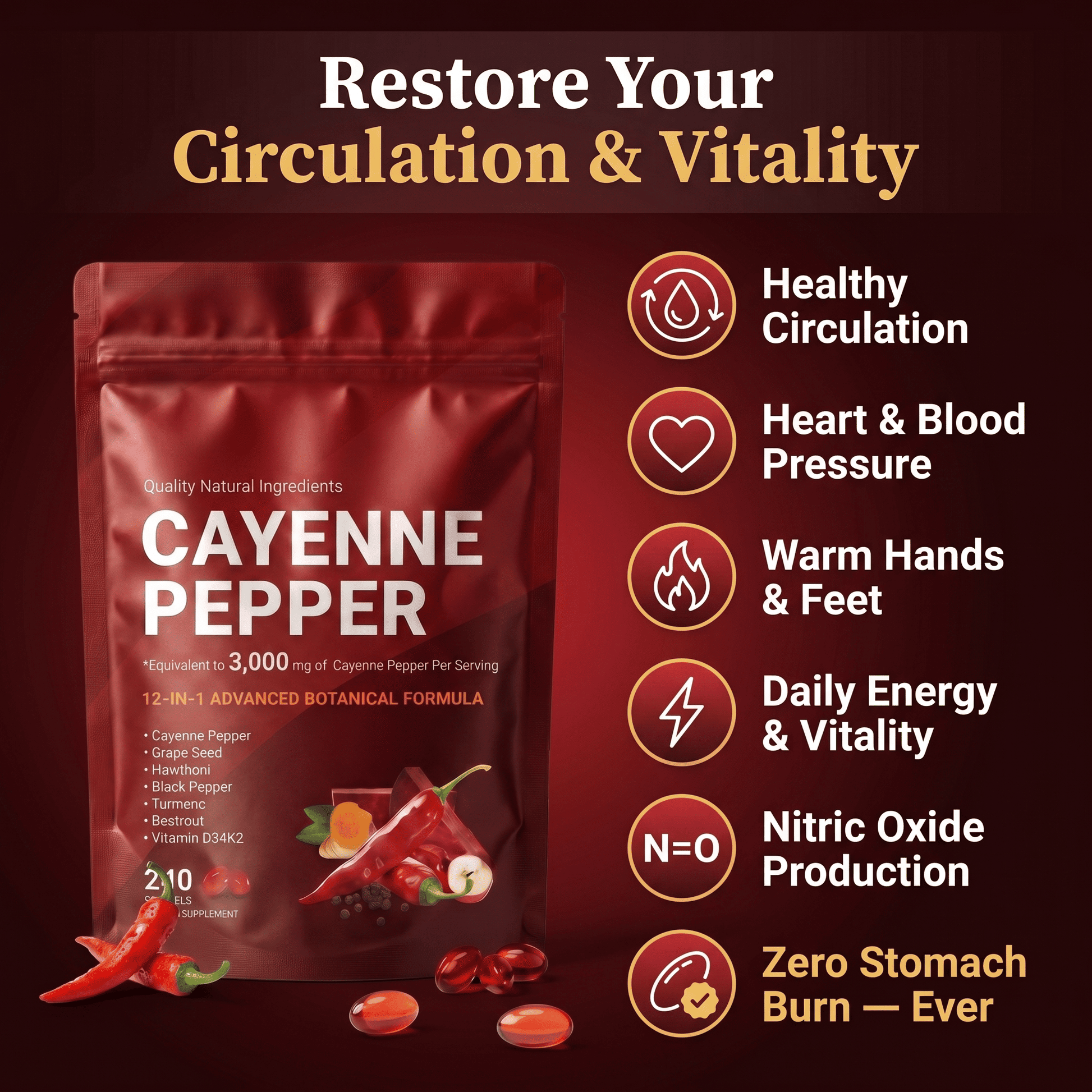 Cayenne pepper supplement package with health benefits on a dark background
